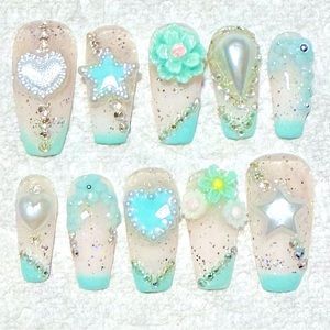 Handmade press on nails Tiffany blue rhinestones